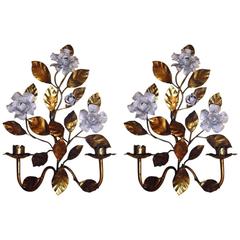 Gilt Metal Sconces with  Flowers