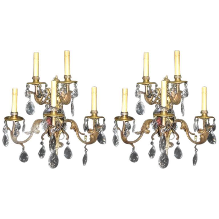 Pair of Bronze Sconces with Crystal Pendants For Sale