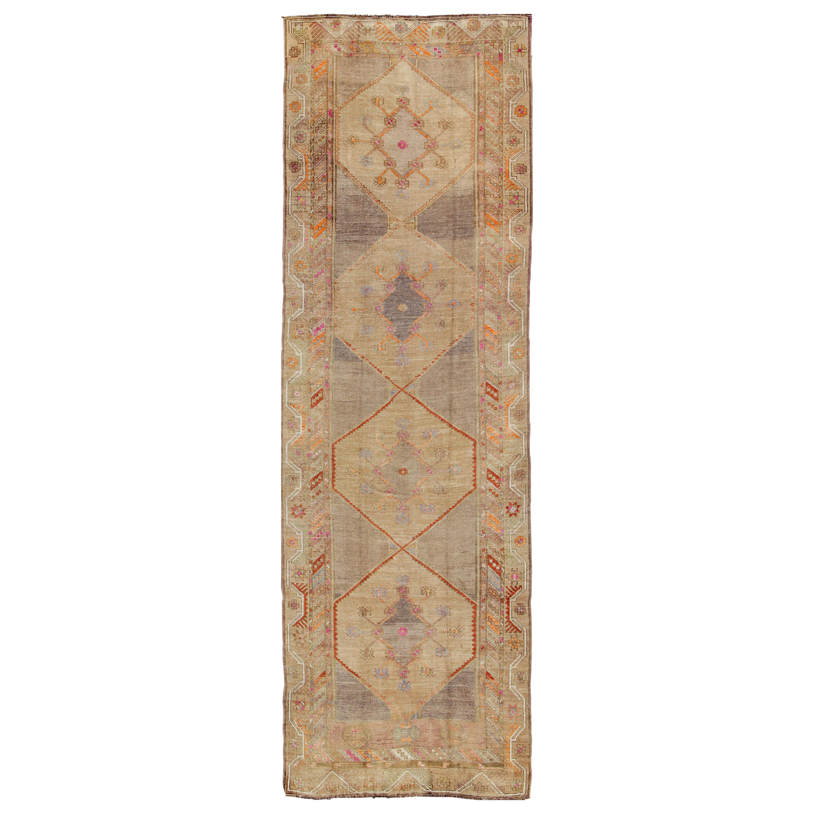 Colorful Turkish Gallery Runner with Multi-Medallion Design & Unique Colors For Sale