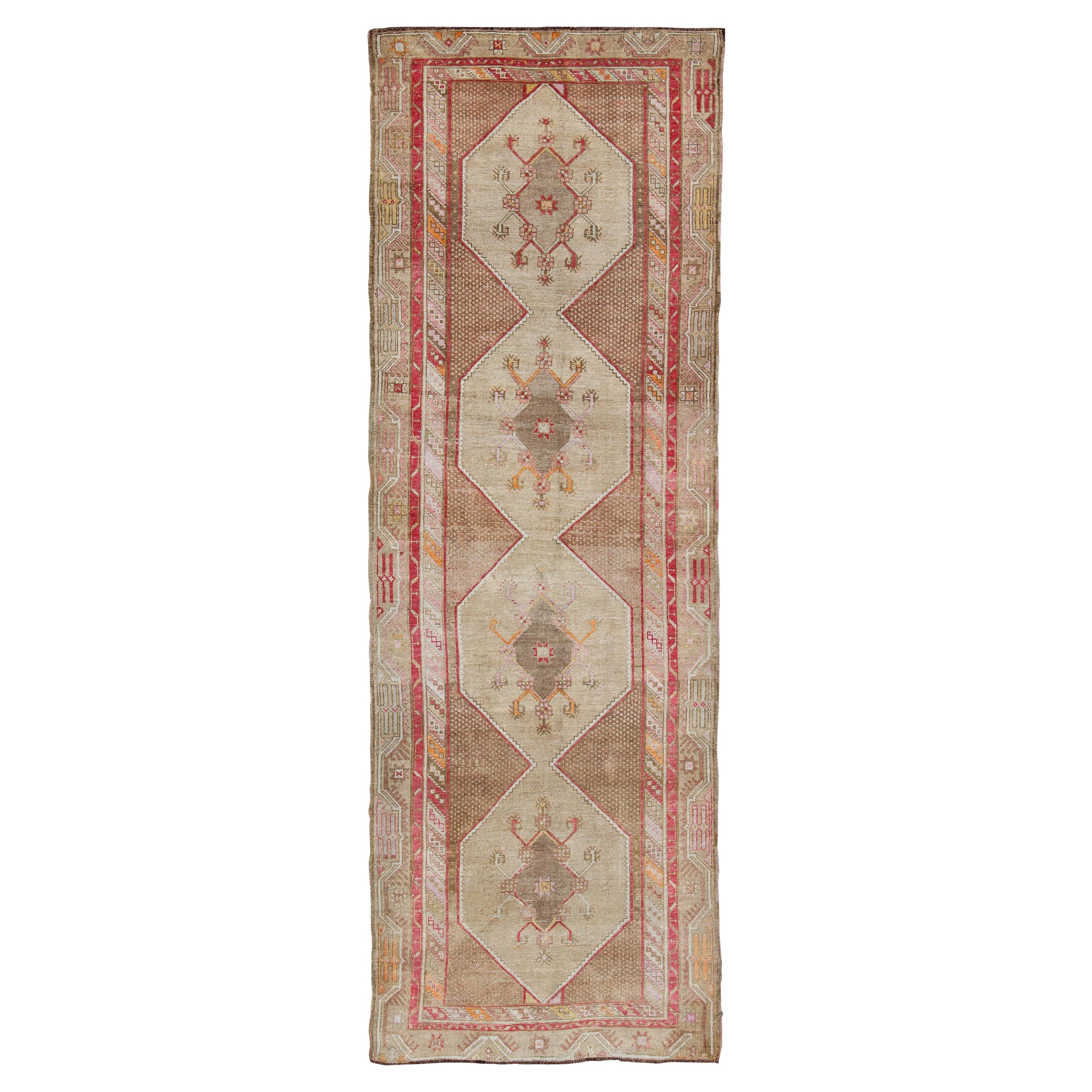 Turkish Oushak Gallery Rug with Multi-Medallion Design in Earth Tones and Red