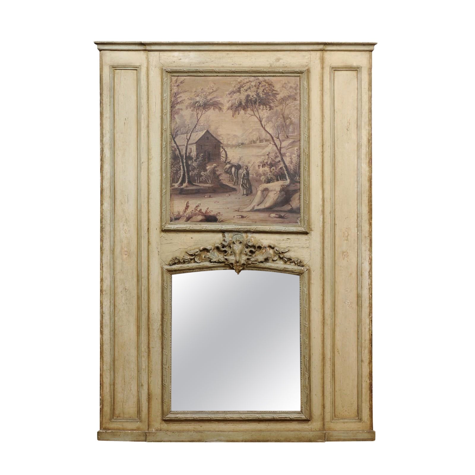 18th Century French Painted Trumeau Mirror with Panel Featuring Landscape Scene