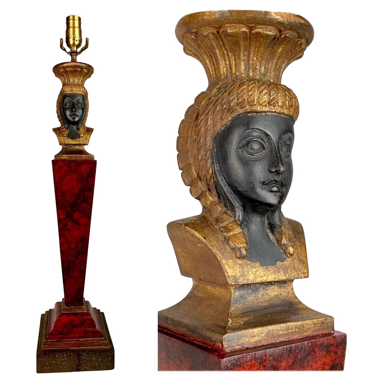 Egyptian Revival Style Dark Red Wood Hand Carved Lamp with Shade.