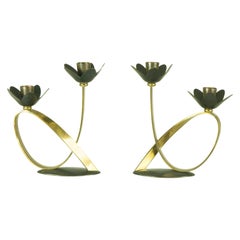 Pair of Black Metal and Brass 1960s Candlestick with Double Holders