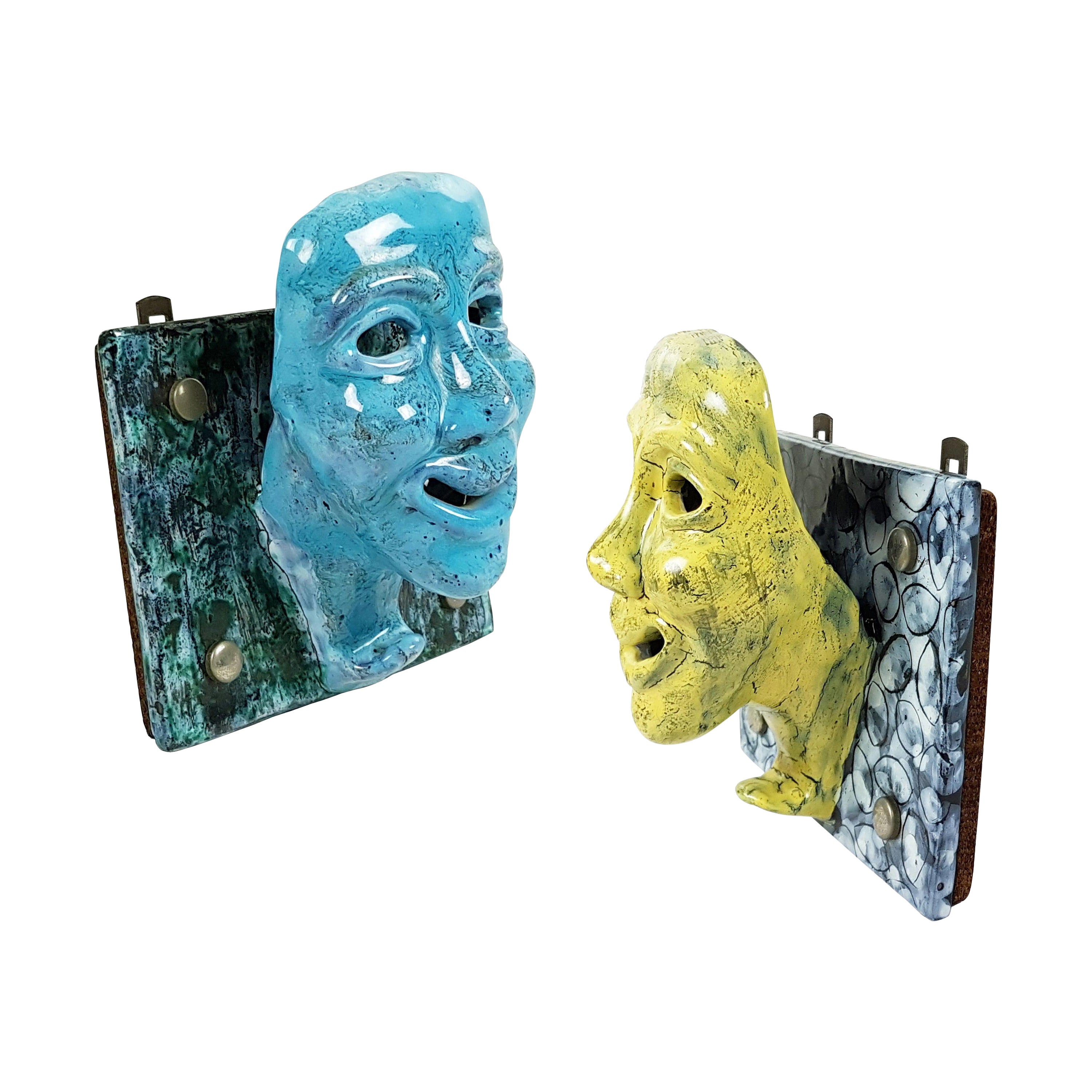 Pair of Blue and Yellow Ceramic Face-Shaped 1950s Wall Hanger by S. Polo