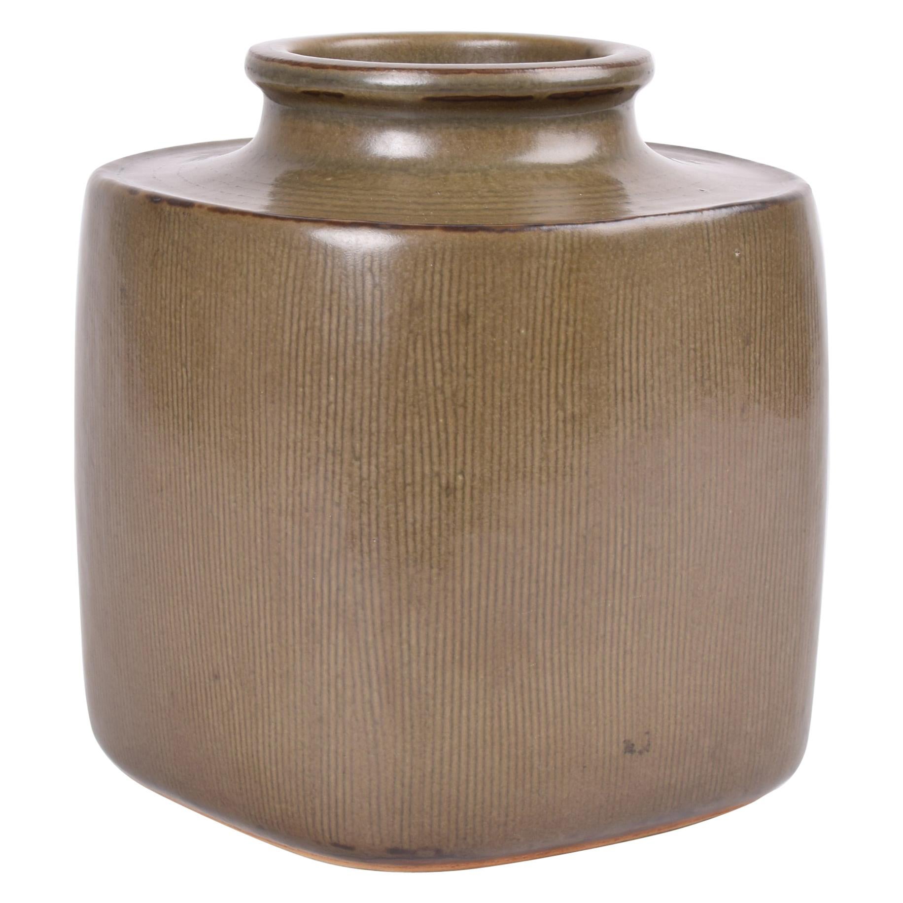 Valdemar Petersen Danish Modern Large Square Vase Khaki, Bing & Grøndahl 1960s