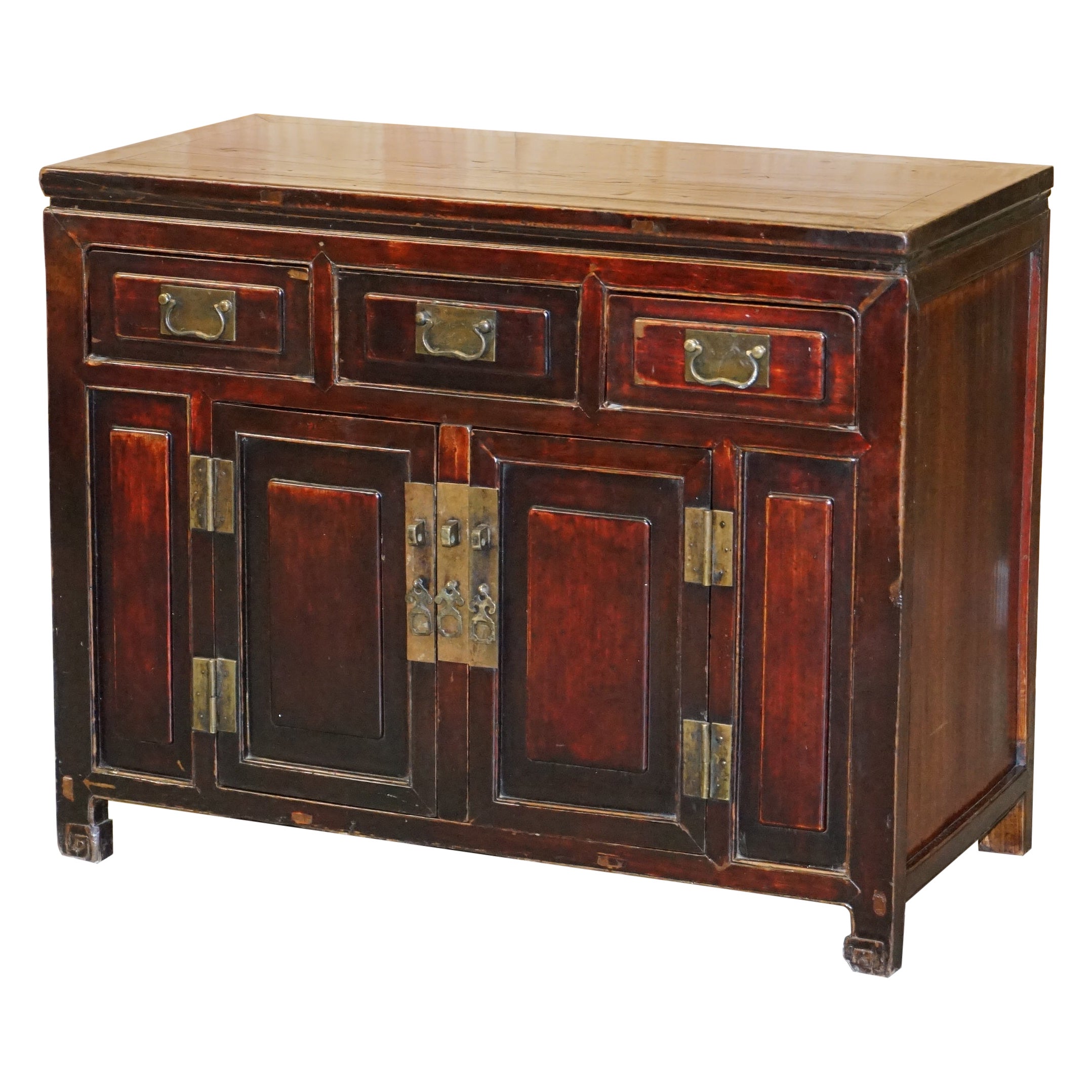 Antique Small Red Lacquered Chinese Sideboard For Sale at 1stDibs