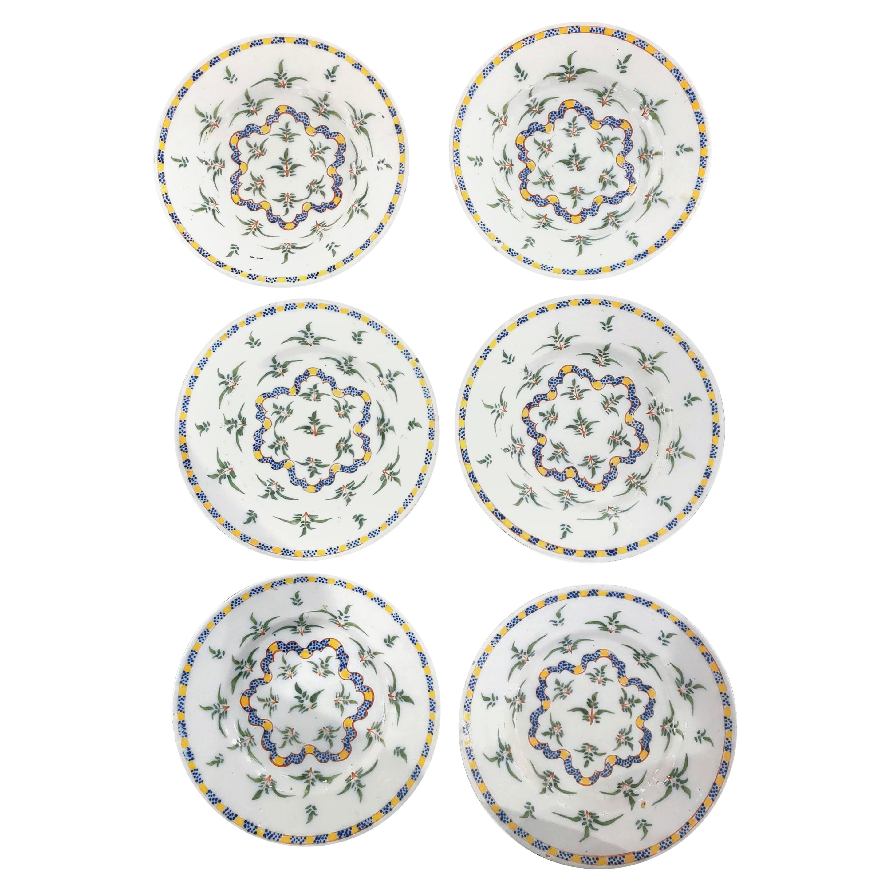 Dutch Delft Set of Six Dinner Plates with Plants and Ribbon