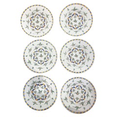 Antique Dutch Delft Set of Six Dinner Plates with Plants and Ribbon
