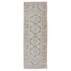 Vintage Turkish Oushak Runner with Medallions in Teal, Turquoise & Cream