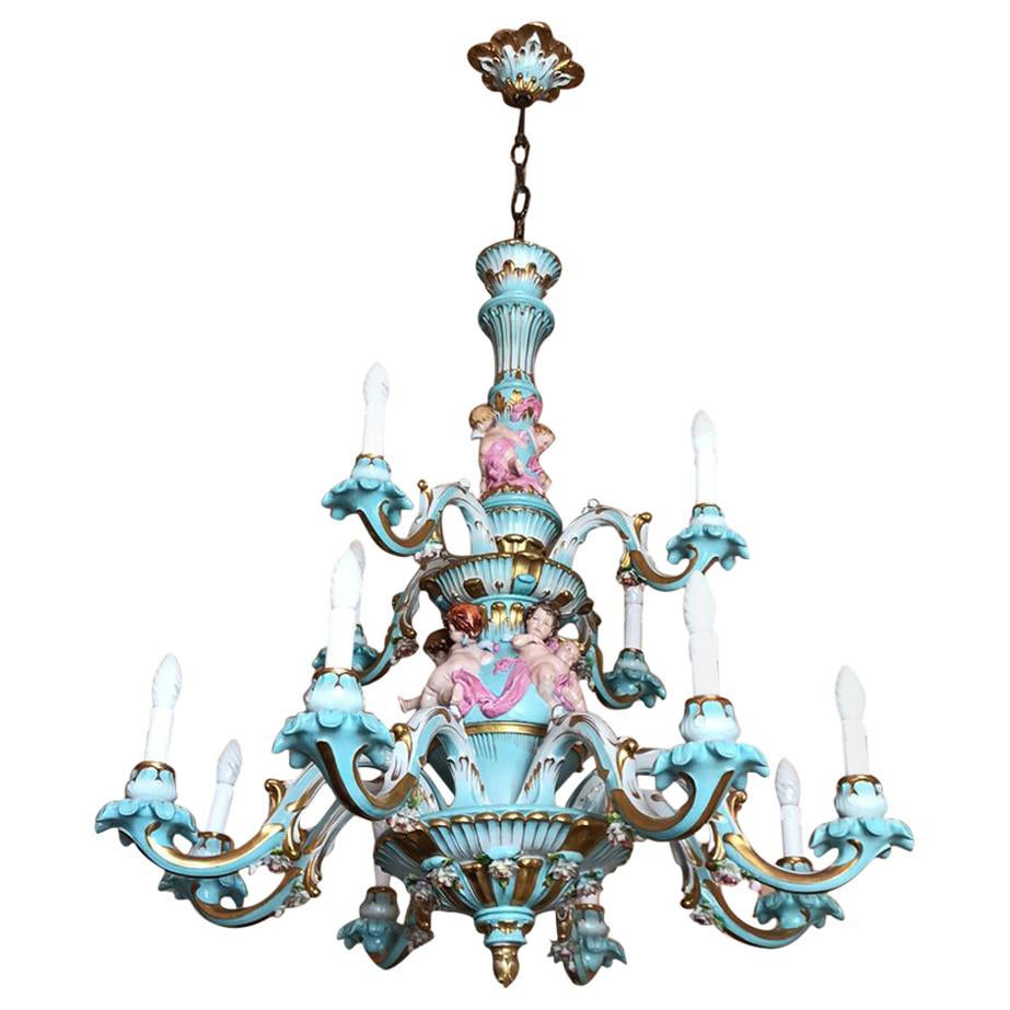 Exceptional Chandelier Hand Painted and Gilded Porcelain, circa 1940