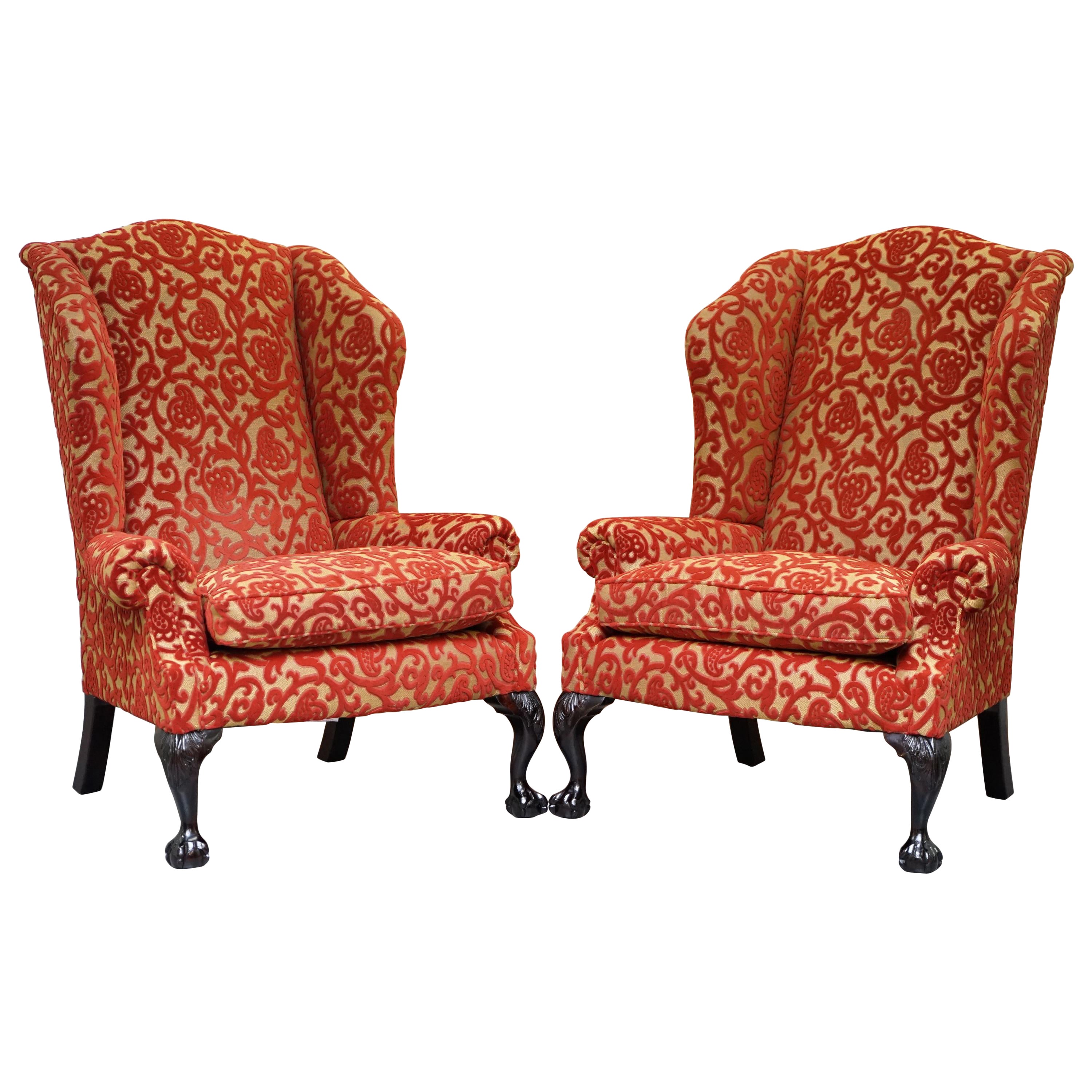 Pair of George Smith Chelsea Large Wingback Armchairs Claw and Ball Feet