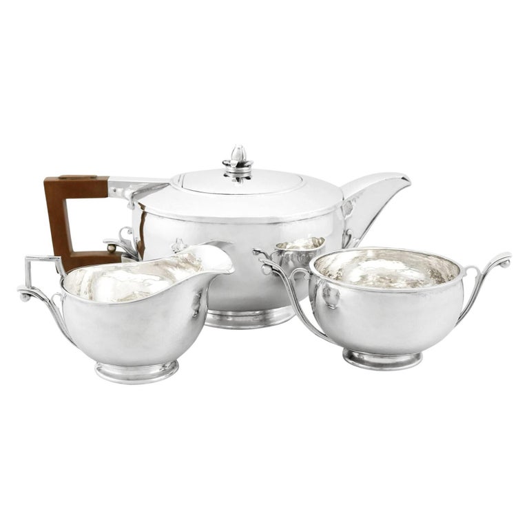 Antique Arts & Crafts Style Sterling Silver Three-Piece Tea Service For Sale