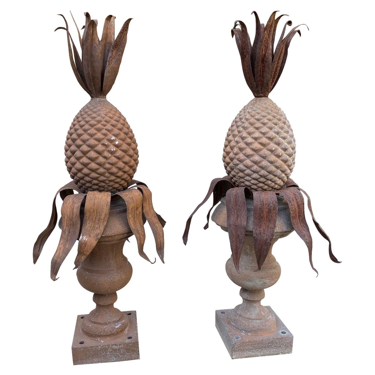 Art Deco Pair Pineapple Antique Decorative Rustic Finials Sculpture Los Angeles For Sale