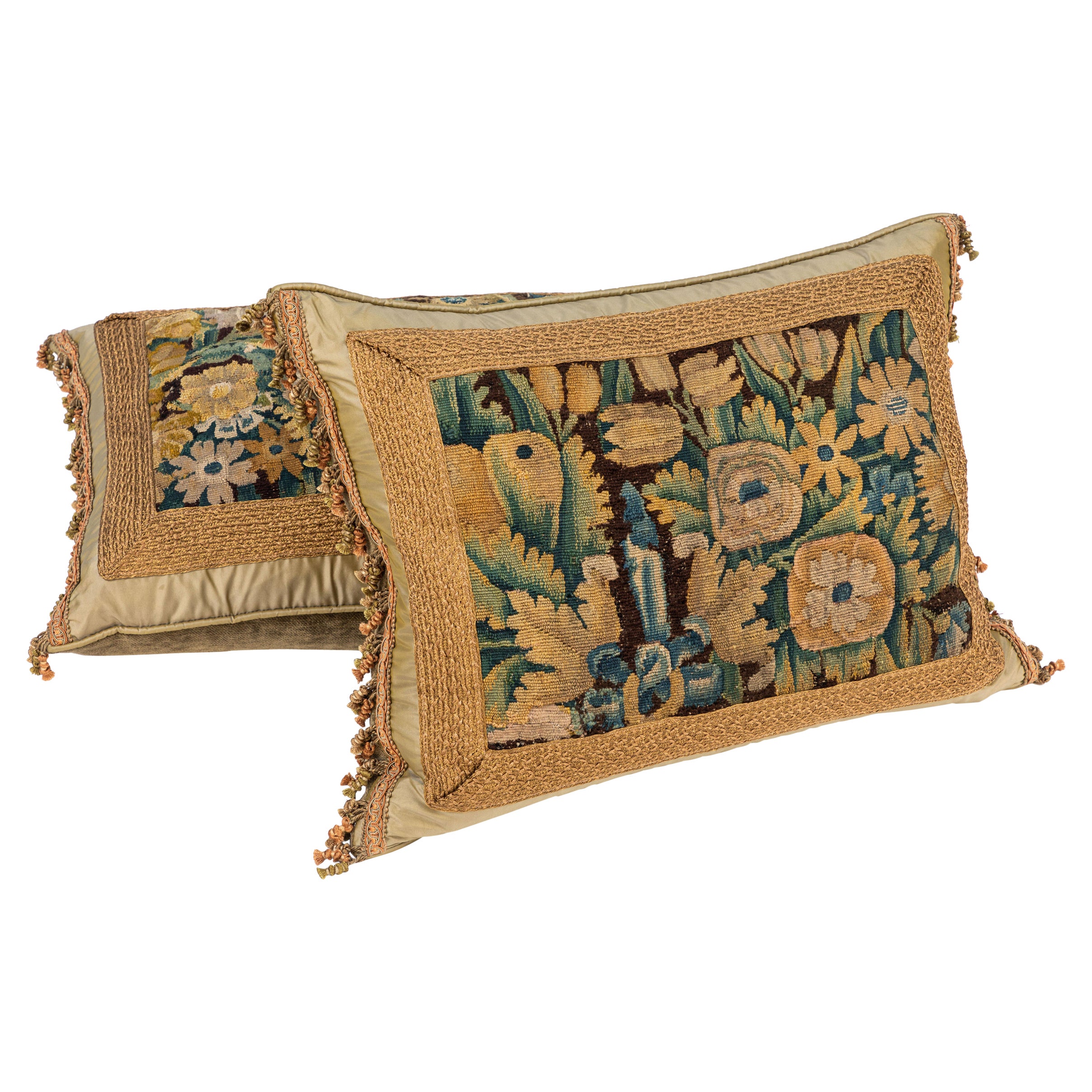 Pair of 18th Century Tapestry Fragment Pillows For Sale