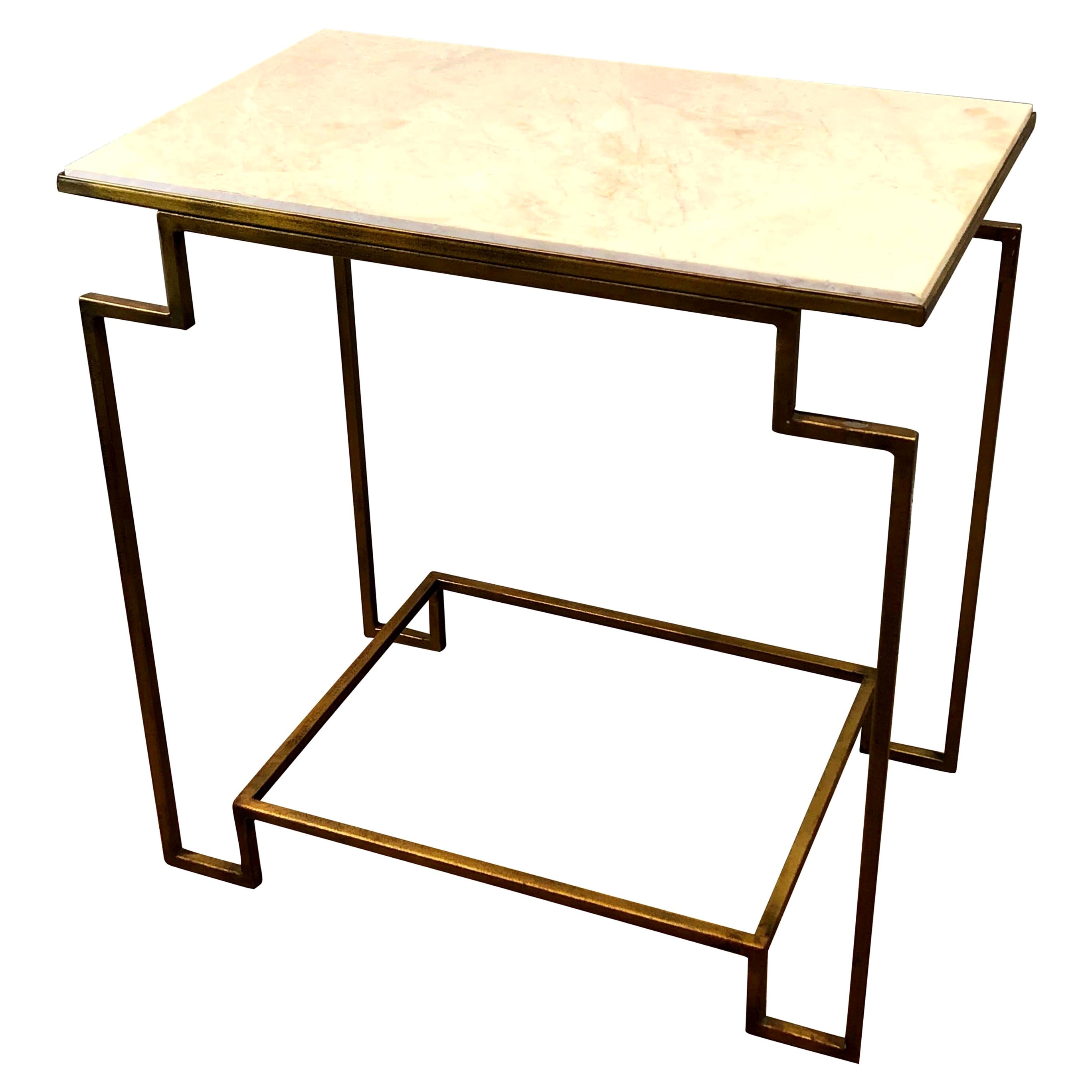 Custom Designed Art Deco Style Gilt Metal & Tan Marble End Table For Sale