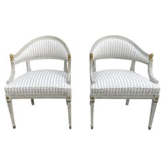 Antique 19th Century Grey-Blue Swedish Gustavian Pair of Pinewood, Bronze Armchairs