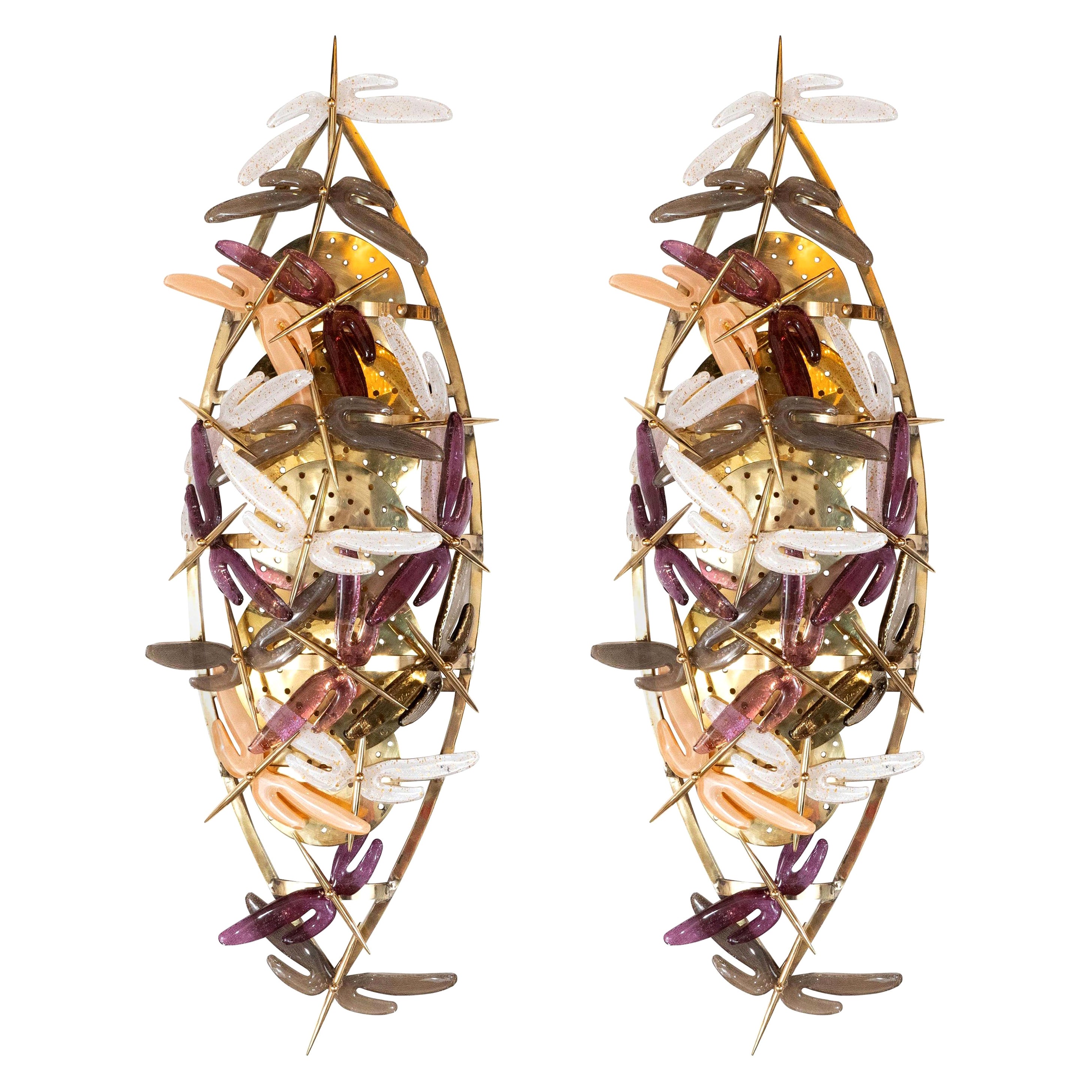 Pair of Ivory, Rose, Grey and Coral Murano Glass "Dragonfly" Sconces, Italy For Sale