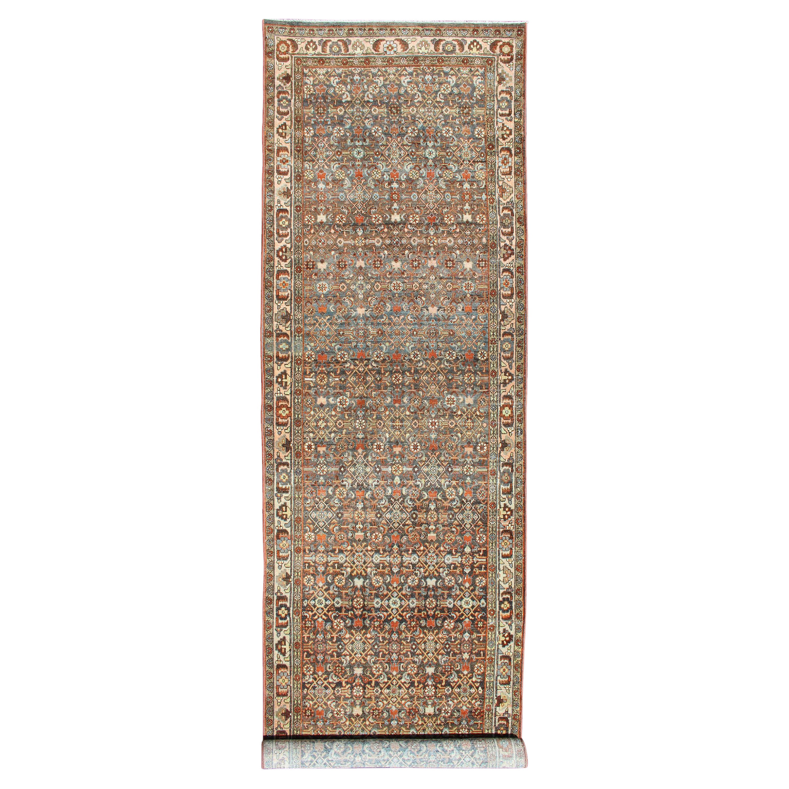 Antique Persian Malayer Long Runner with All-Over Geometric Herati Design