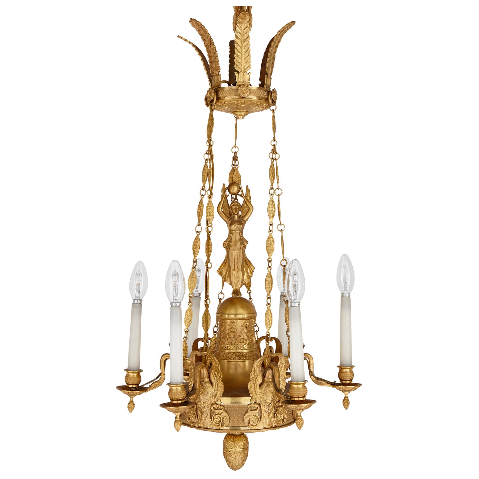 Lustre d'époque Empire en bronze doré à six lumières