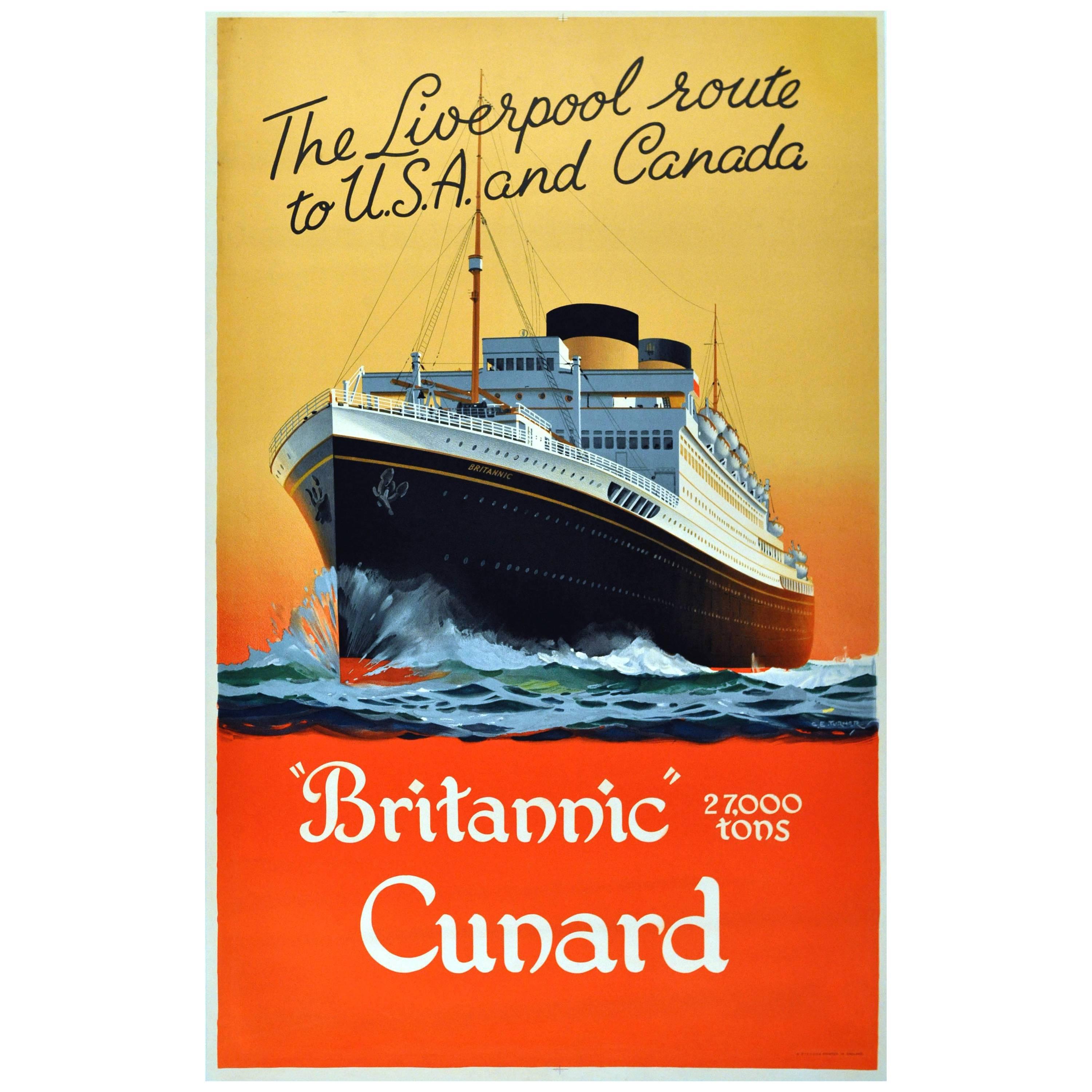 1930s Poster for Cunard Britannic, 'The Liverpool Route to USA and Canada'