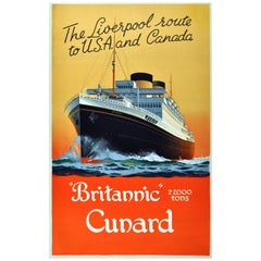 Vintage 1930s Poster for Cunard Britannic, 'The Liverpool Route to USA and Canada'