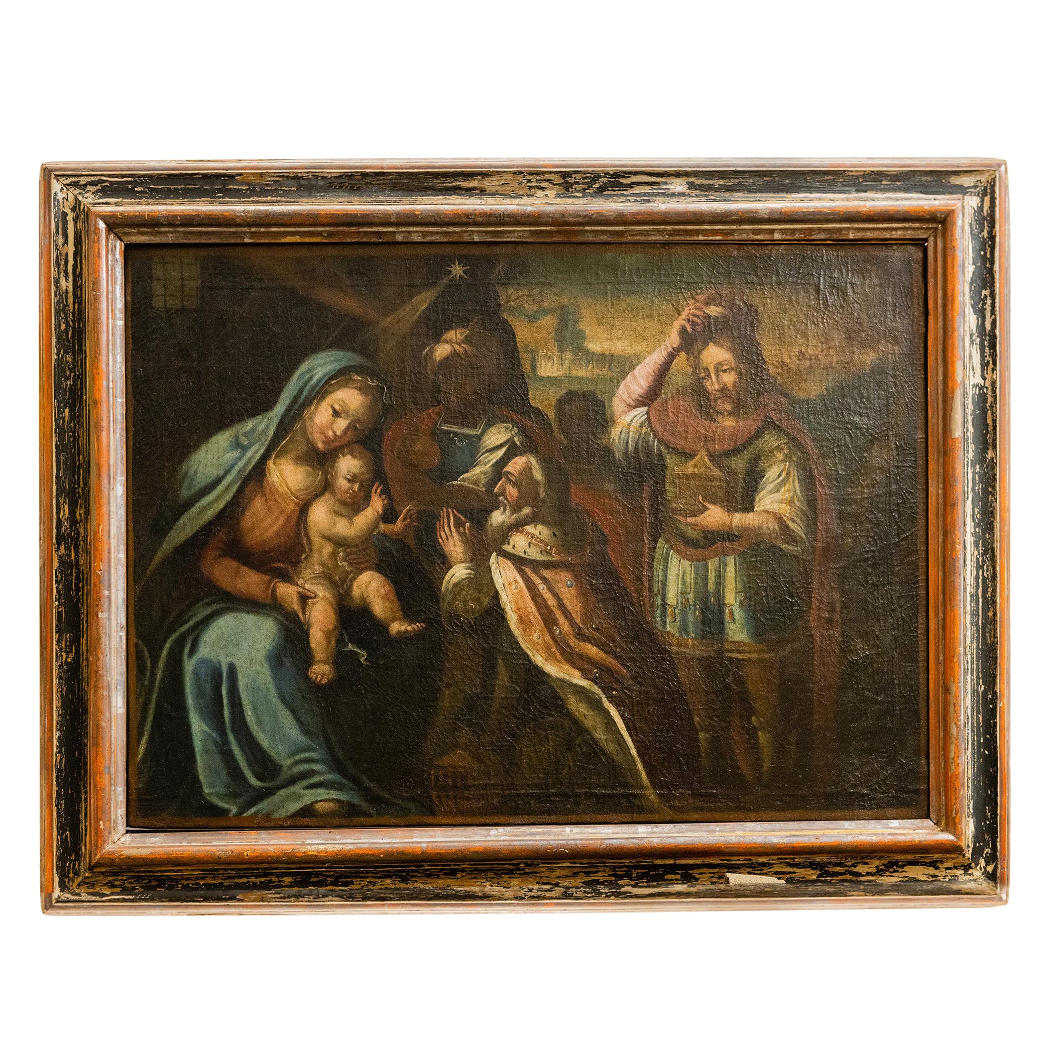 Antique Nativity Italian Painting For Sale