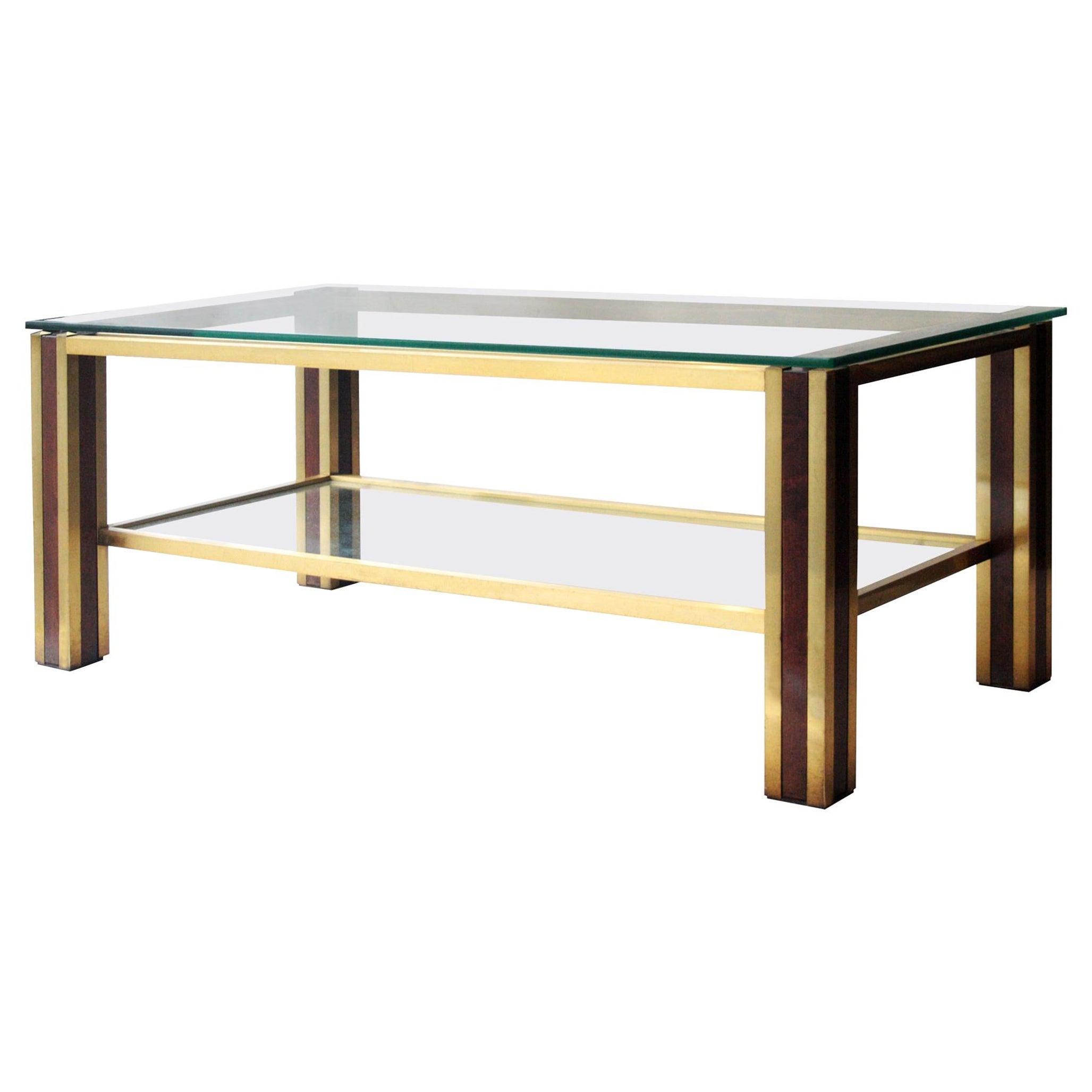 MidCentury Modern Table with Brass and Solid Walnut Wood Structure, France, 1970 For Sale