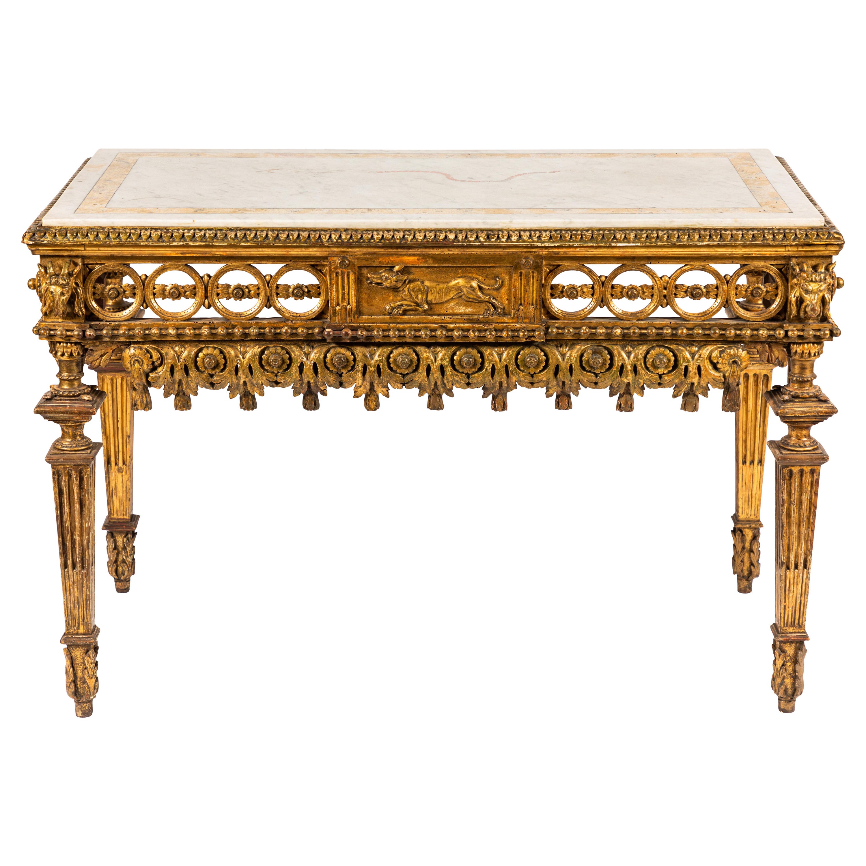 Console romaine du XVIIIe siècle en bois doré avec plateau en marbre