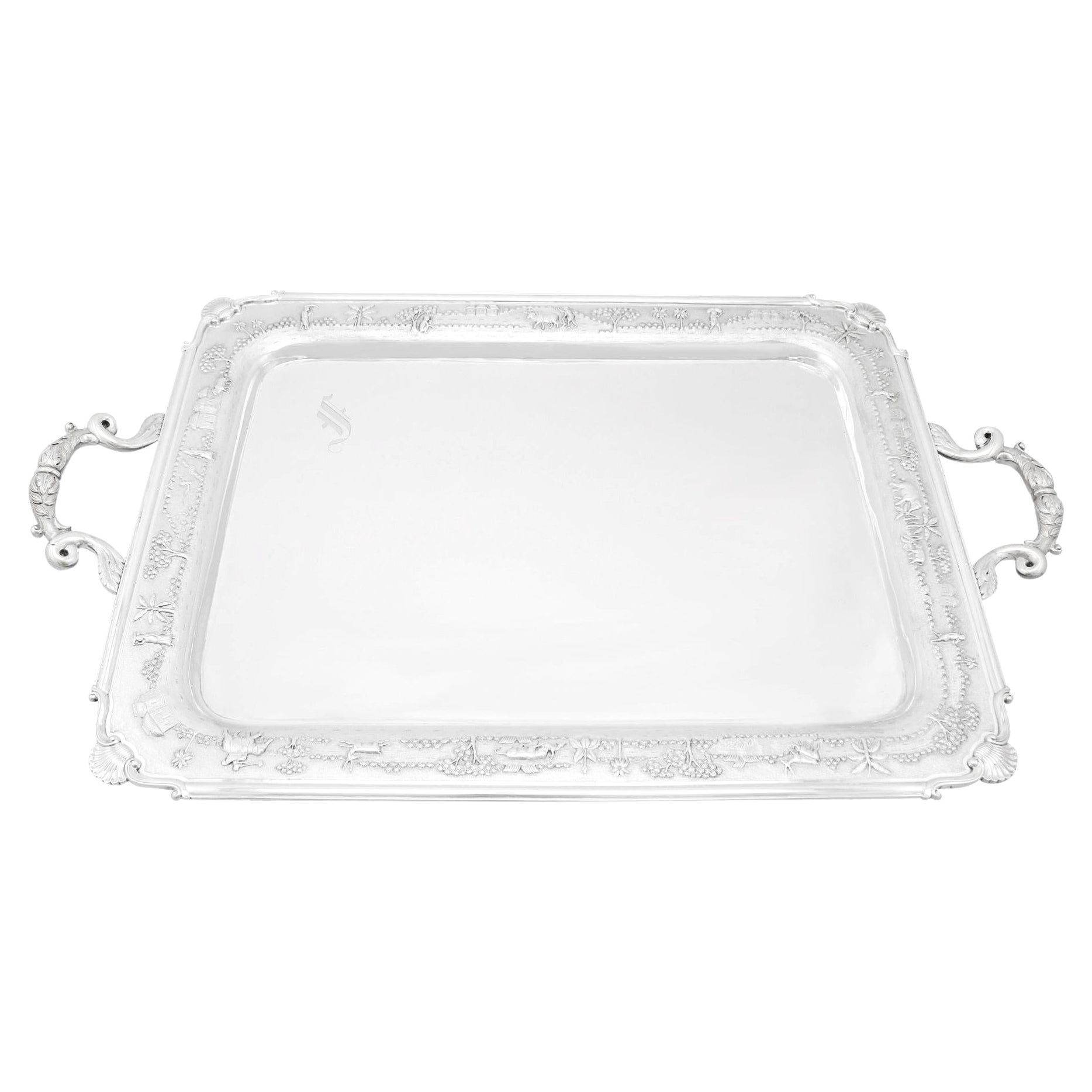 Antique 1880s Indian Silver Two-Handled Tea Tray For Sale