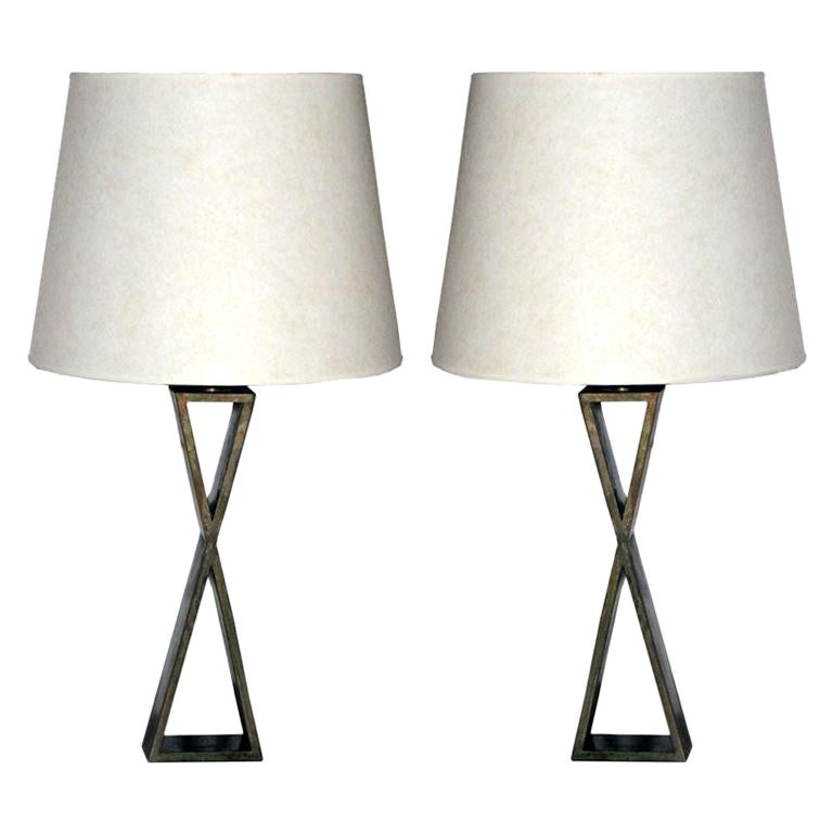 Pair of French Modern Neoclassical X-Form Table Lamps in Style of Jacques Quinet