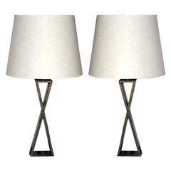 Pair of French Modern Neoclassical X-Form Table Lamps in Style of Jacques Quinet