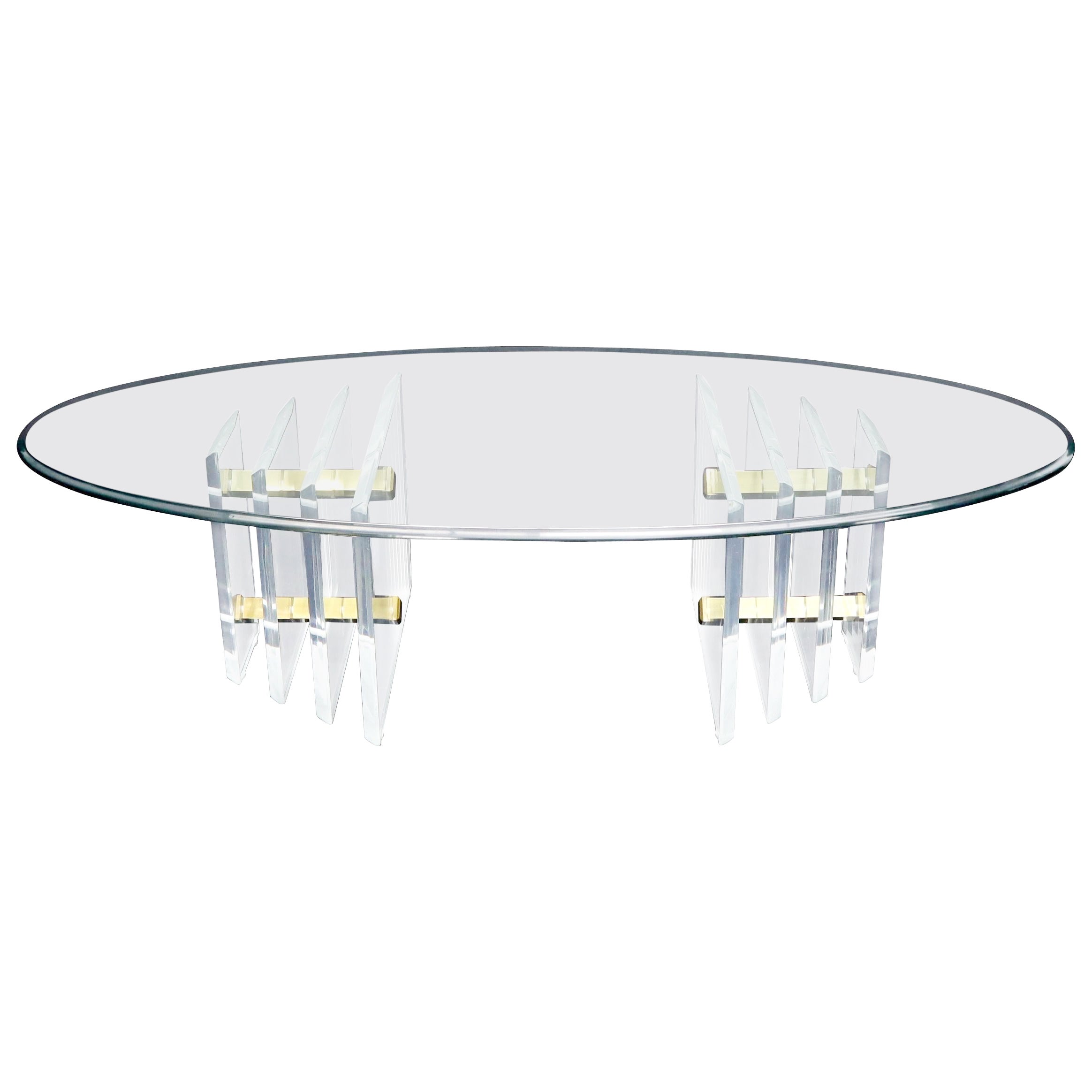 Table basse ovale à piédestal double en verre Lucite