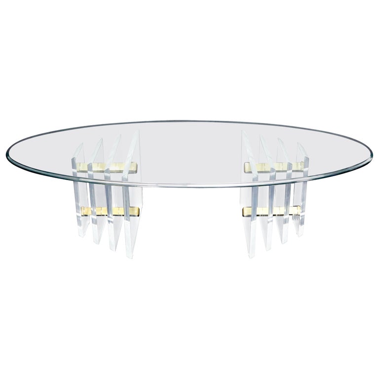 Double Lucite Pedestal Oval Glass Top Coffee Table For Sale