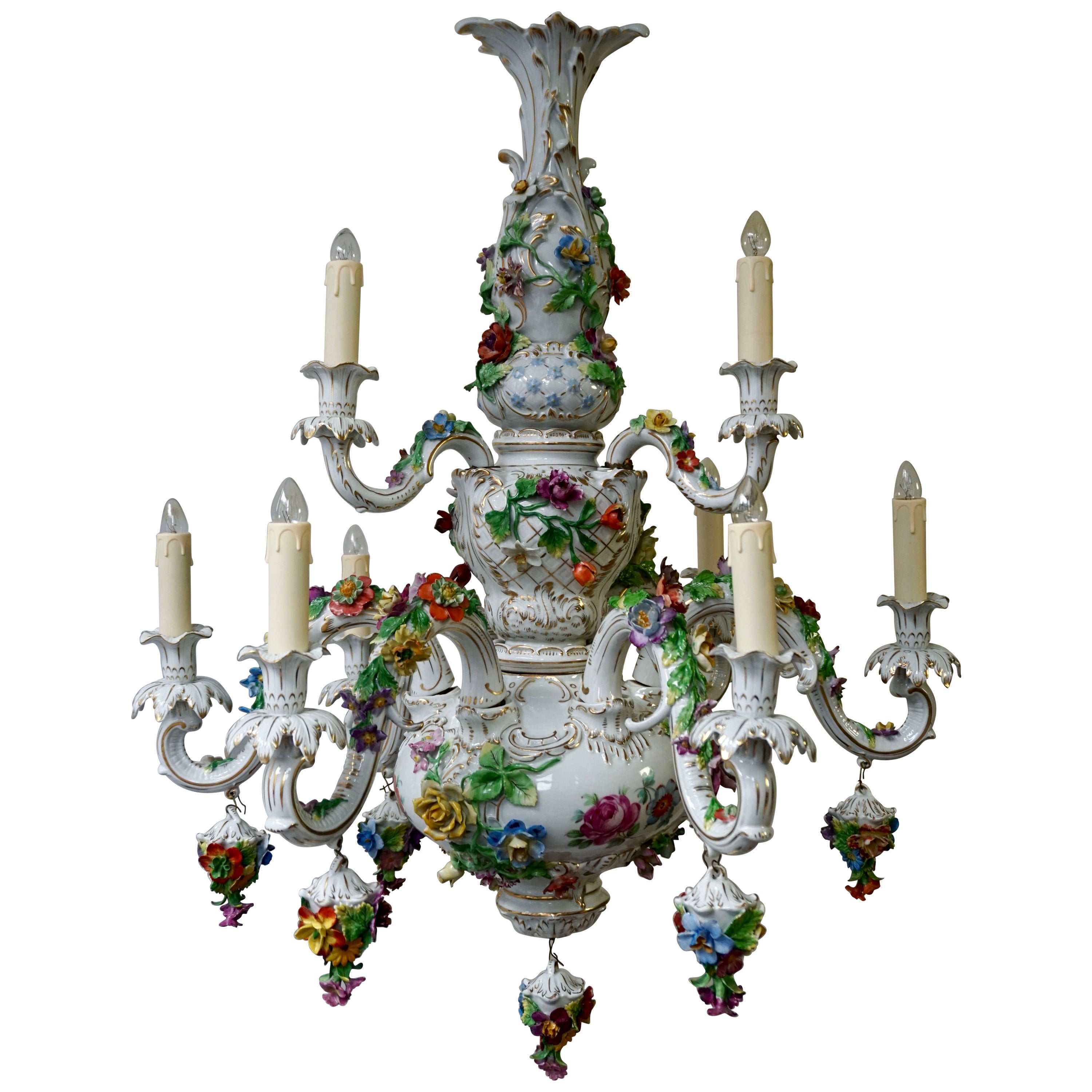 Rococo Style Chandelier, Porcelain Flowers, Rocaille Pattern at 1stDibs