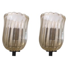 Pair of Large Murano Sconces with Gold Fleck Glass Hurricane Aged Brass Hardware