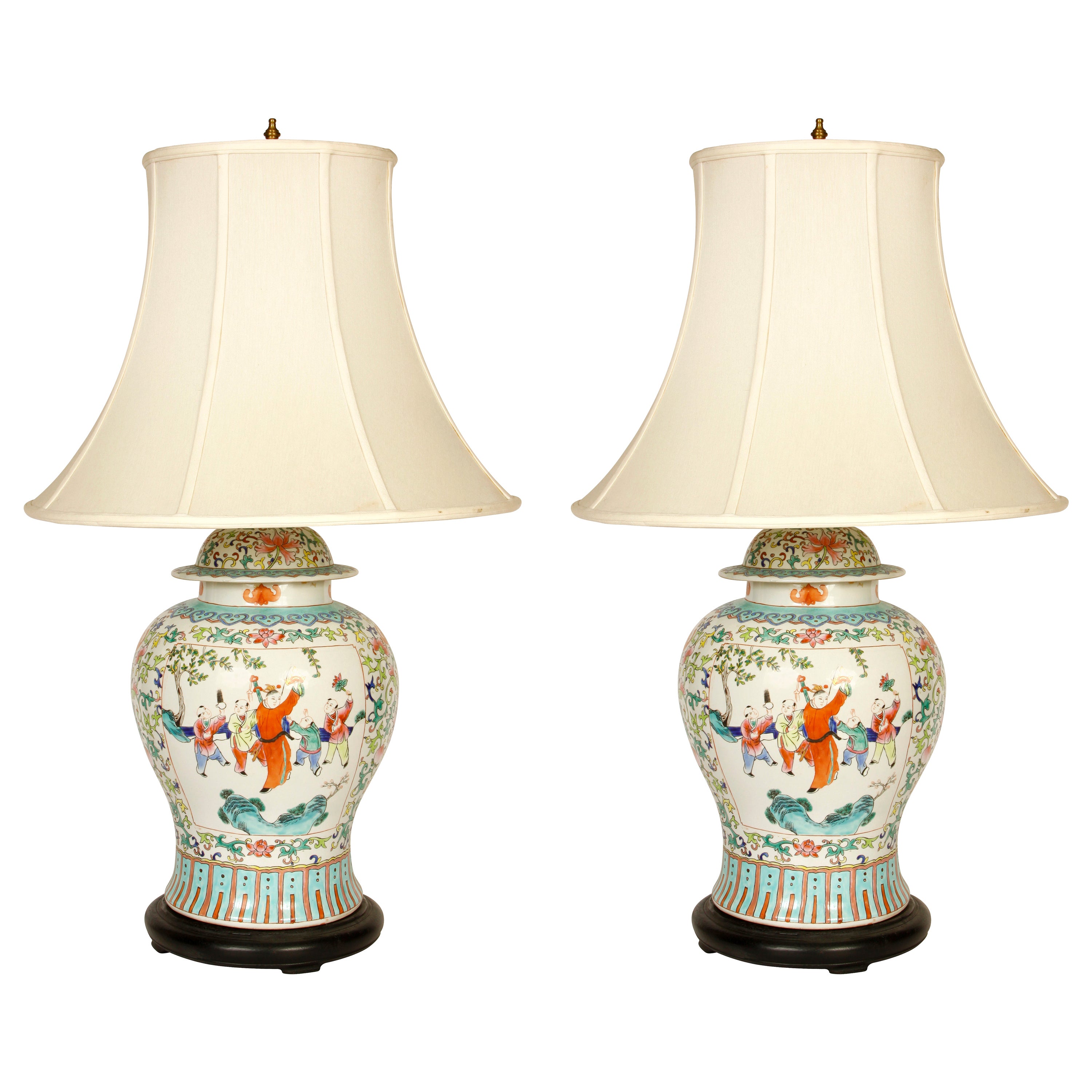Pair of Jade Green Porcelain Asian Figure Table Lamps For Sale at 1stDibs