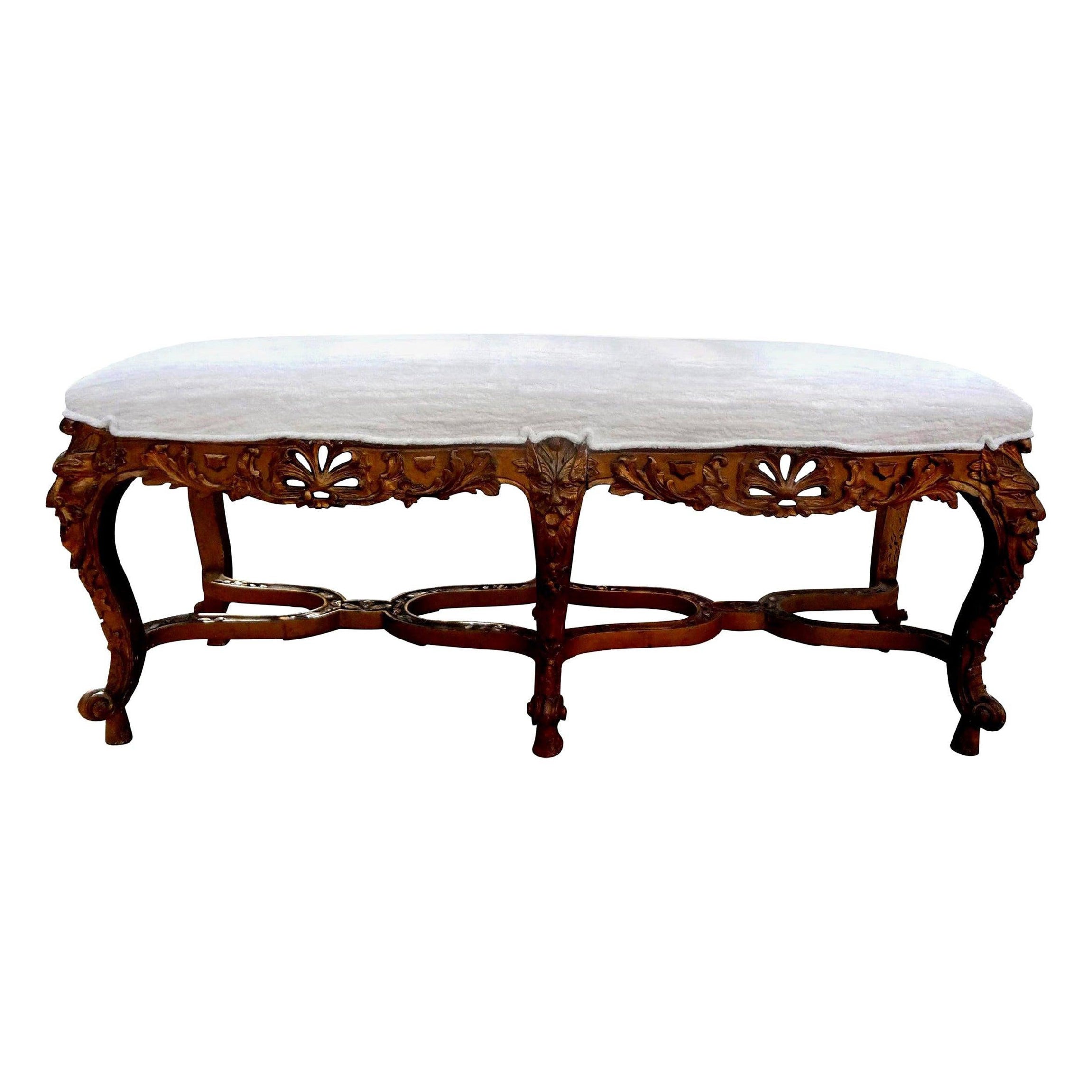 Banquette Repos-pieds De Style Français Louis XVI, En Bois Massif De Hetre Sculpte Et Fini A La Main Avec Patine En Feuille D Or