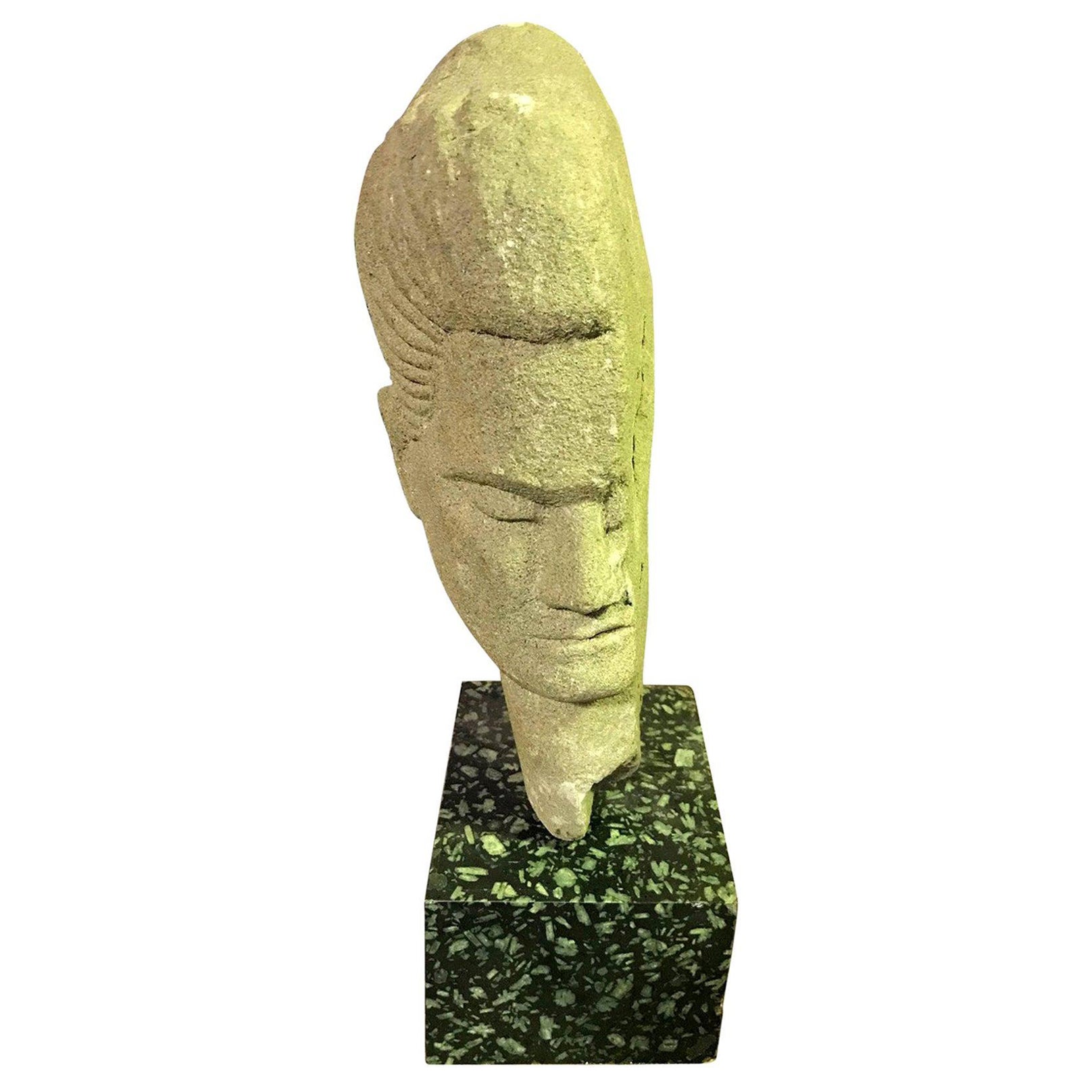 Stone Carved Heavy Abstract Head Sculpture on Base in the Style of Modigiliani