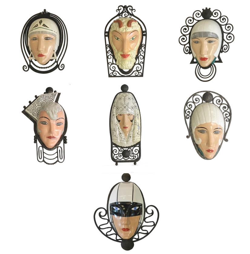 Set of Seven Marcel Bever Art Deco Mask Wall Lights