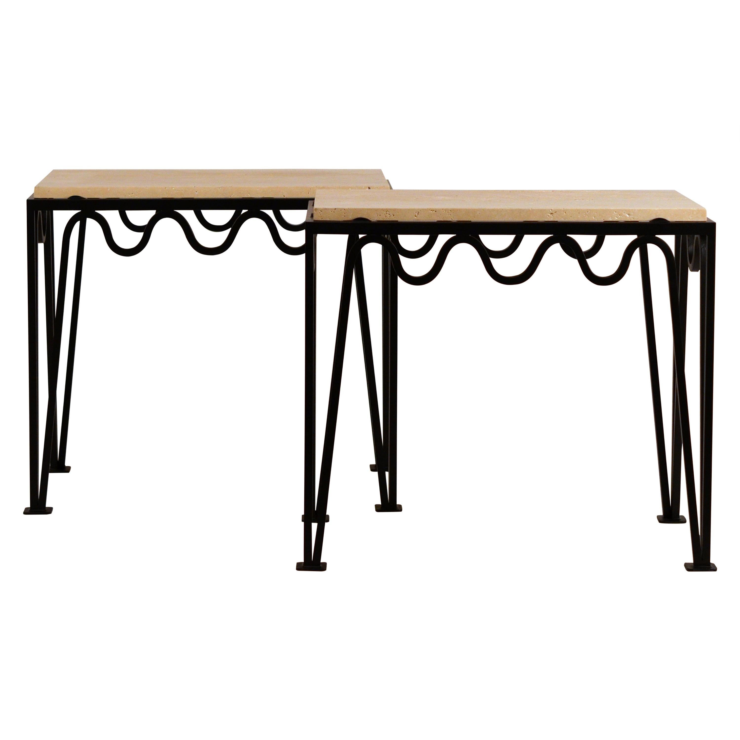 Pair of Chic 'Méandre' Black Iron and Travertine Side Tables by Design Frères