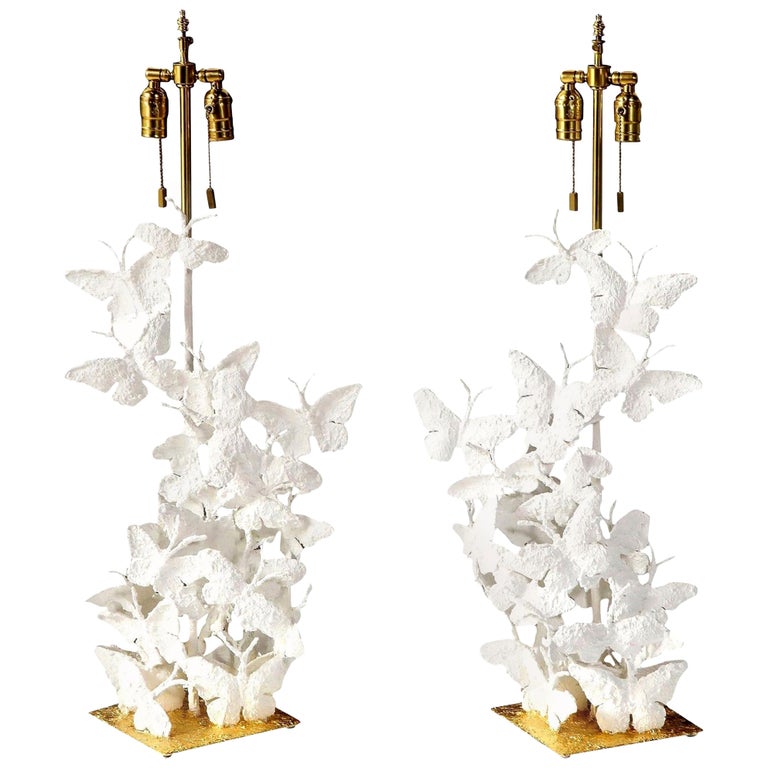 Table Lamps, Butterflies, White Plaster and Gold Leaf Base, Tall Pair, New Pair