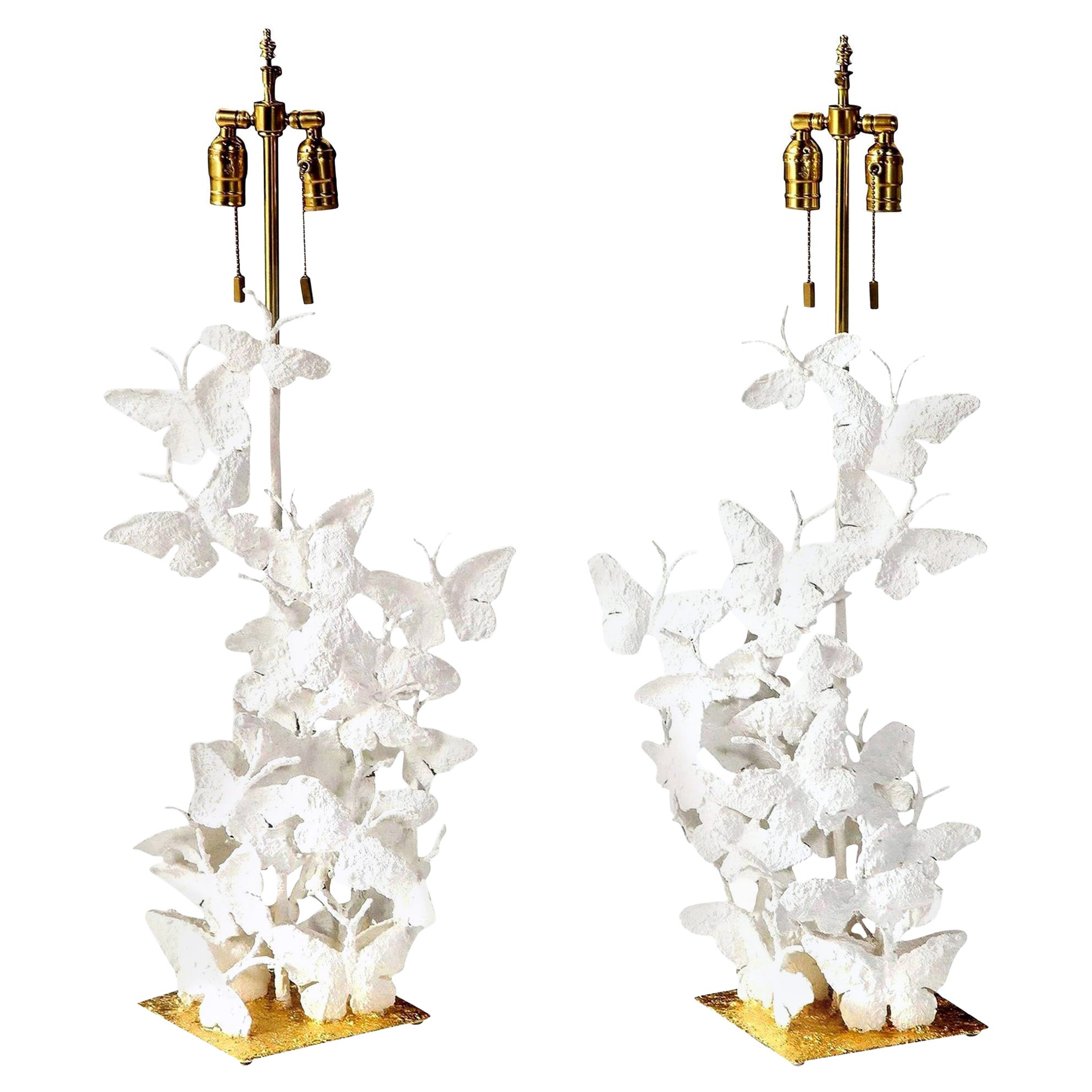 Lampes de table, lampes papillon, base en plâtre blanc et feuille d'or, contemporaines en vente