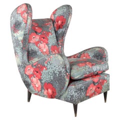 Vintage huge Wingback Chair with floral silk fabric, Italy, 1940s