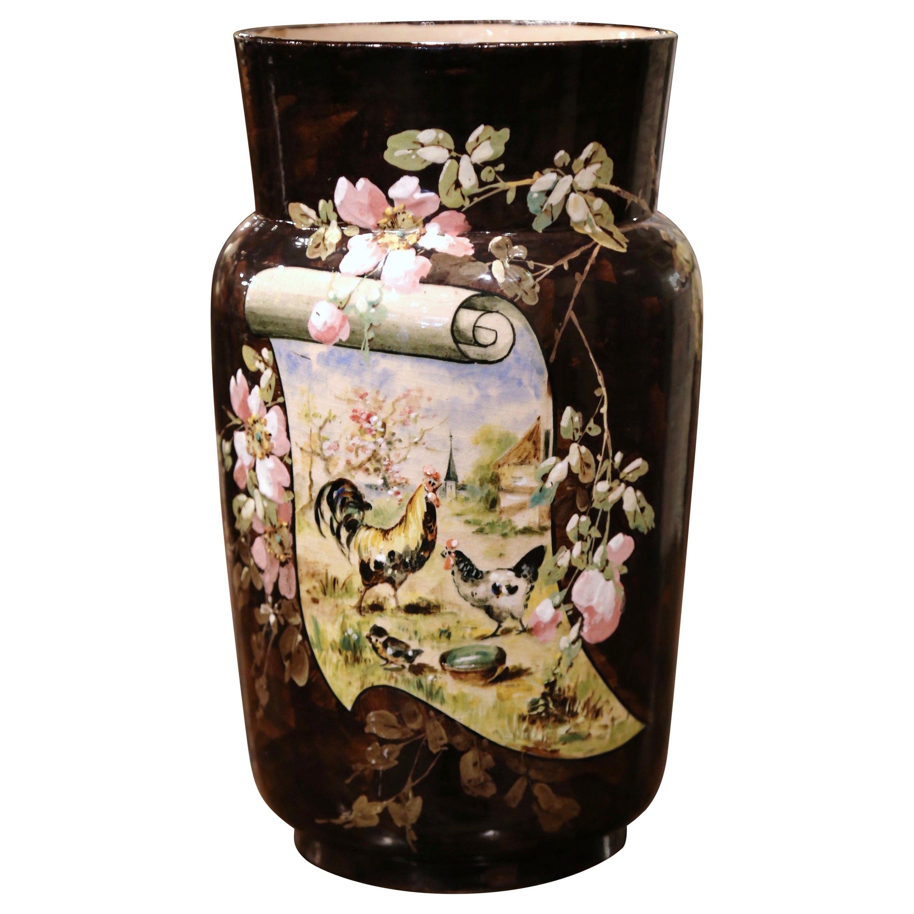 Französische handbemalte Barbotine-Vase aus Keramik des 19. Jahrhunderts, gestempelt T. LeFront