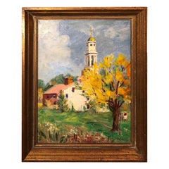 Antique Pastoral Oil on Board of Church