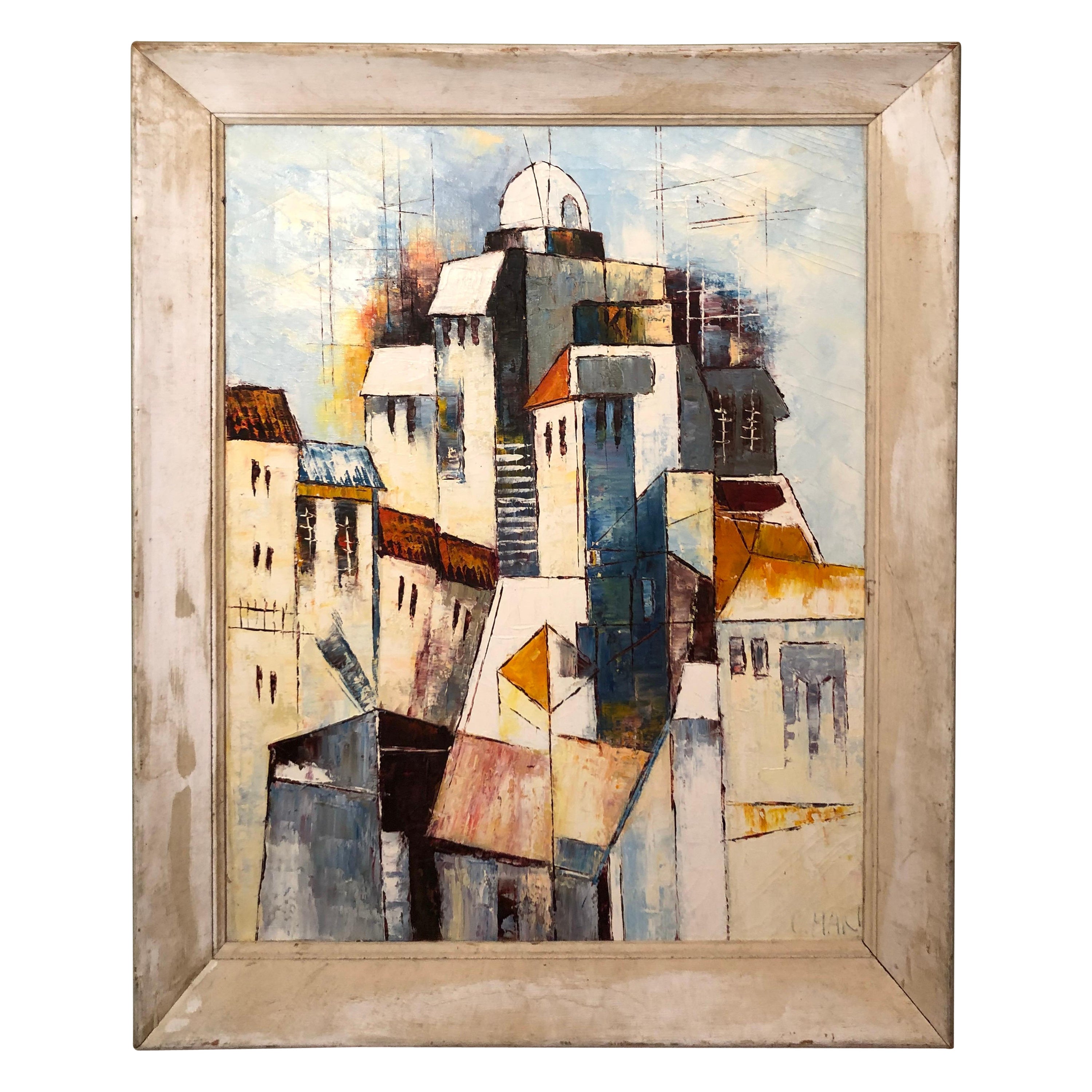 Mid-Century Modernist Painting of a Greek Village For Sale