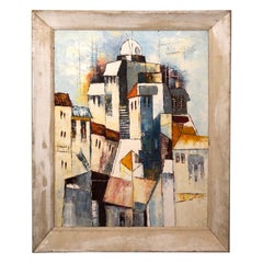 Peinture moderniste du milieu du siècle représentant un village grec