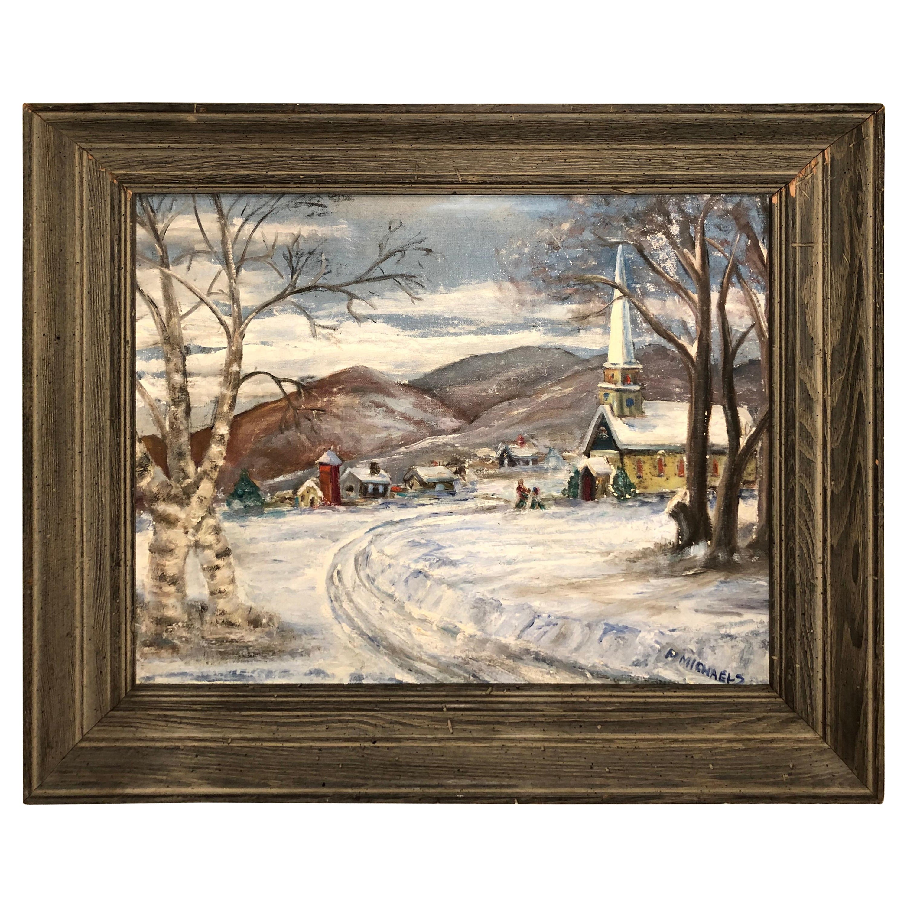 Signed Winter Church Scene by F. Michaels For Sale