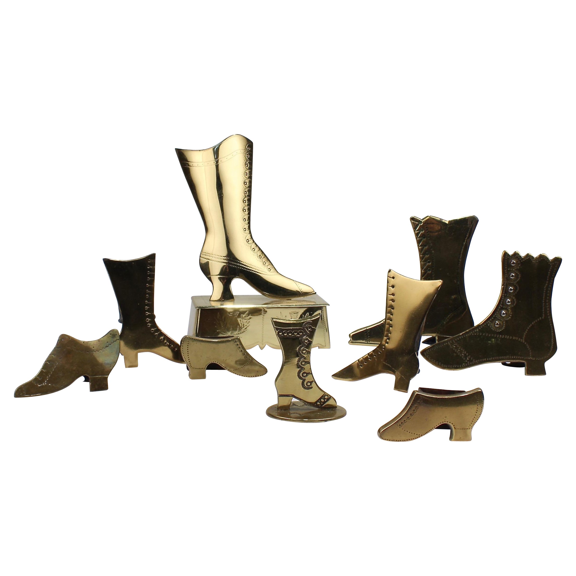Collection of 9 Folky English Victorian Brass Shoe and Boot Mantel Ornaments For Sale