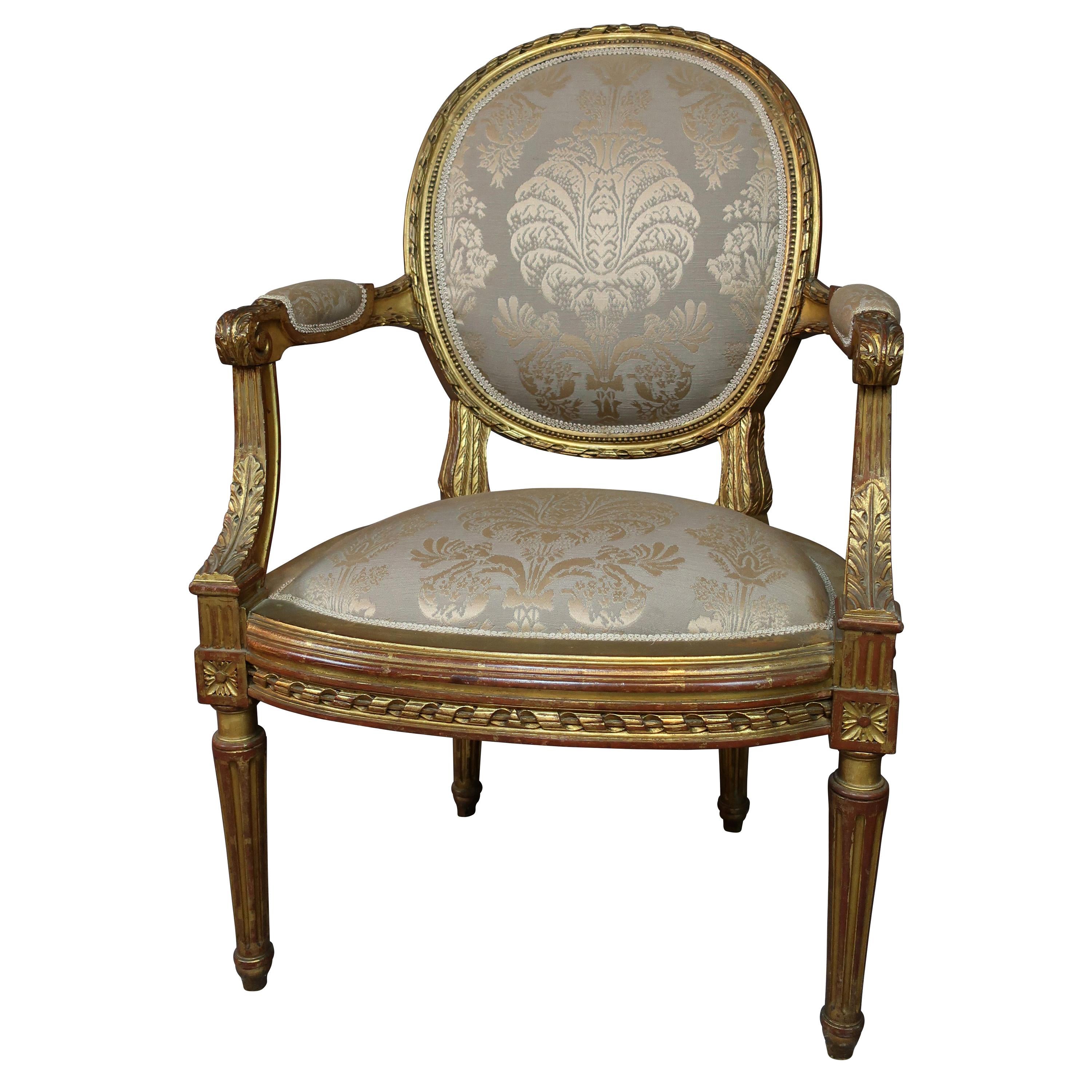 Louis XVI Style French Gilt Chair with Antique Damask Grey/Taupe Fabric For Sale